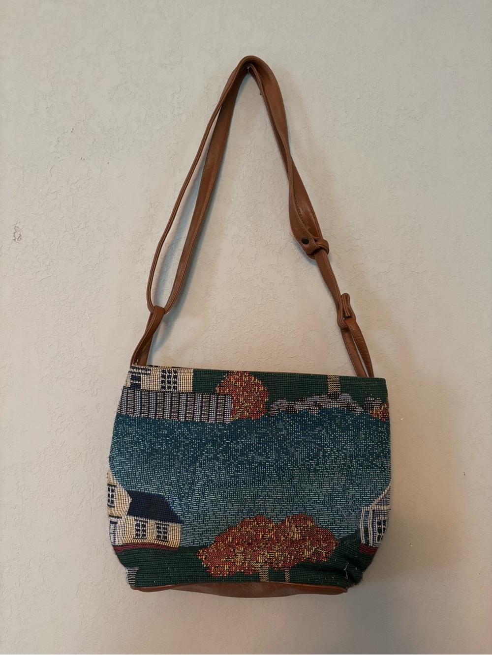 Vintage Tapestry Scenic Crossbody Bag - Brown Strap, Teal & Multicolor